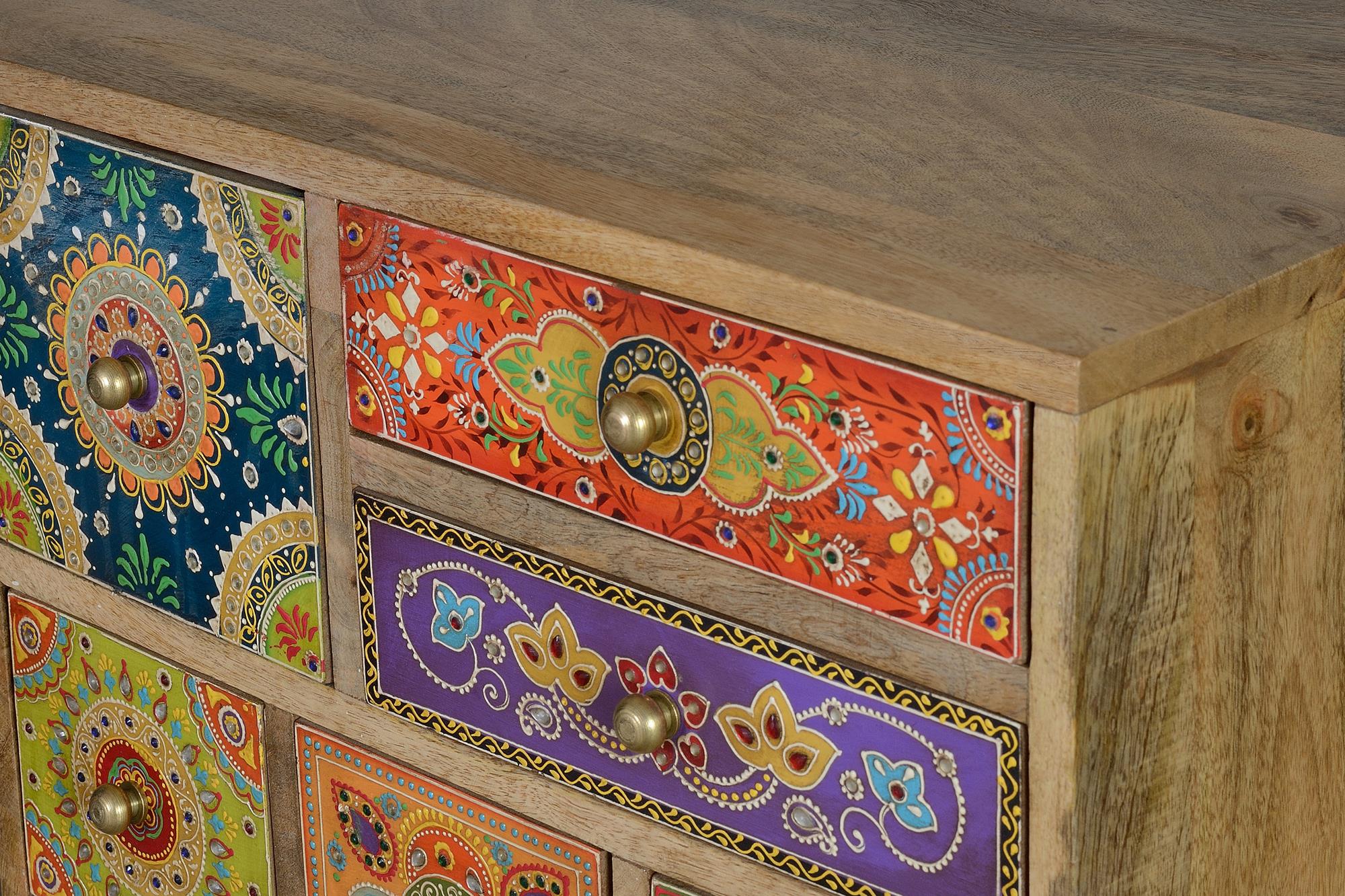 Mobiletto a 9 cassetti in massello di mango dipinto a mano