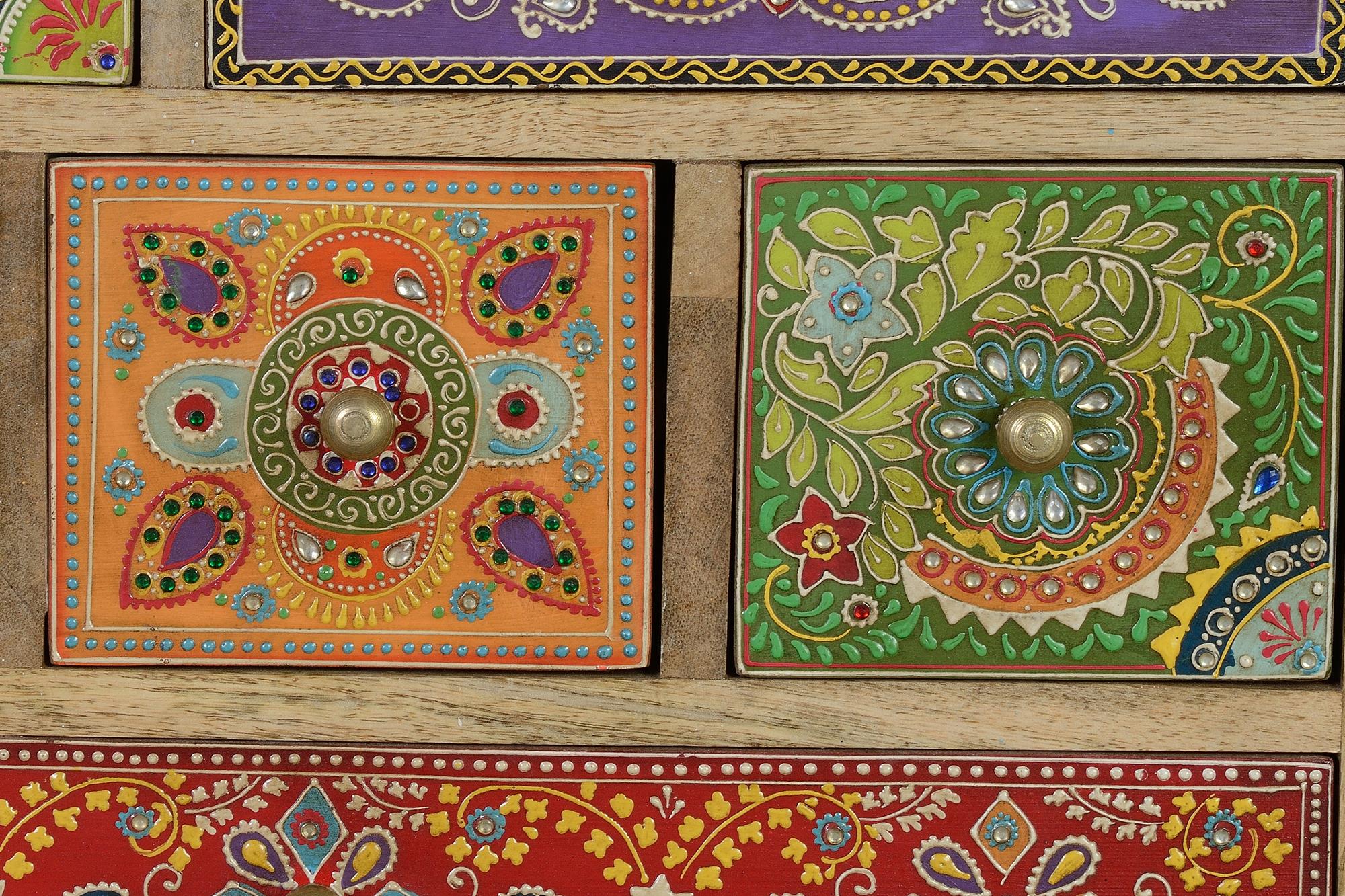 Mobiletto a 9 cassetti in massello di mango dipinto a mano