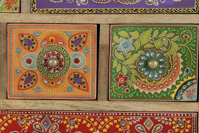 Mobiletto a 9 cassetti in massello di mango dipinto a mano