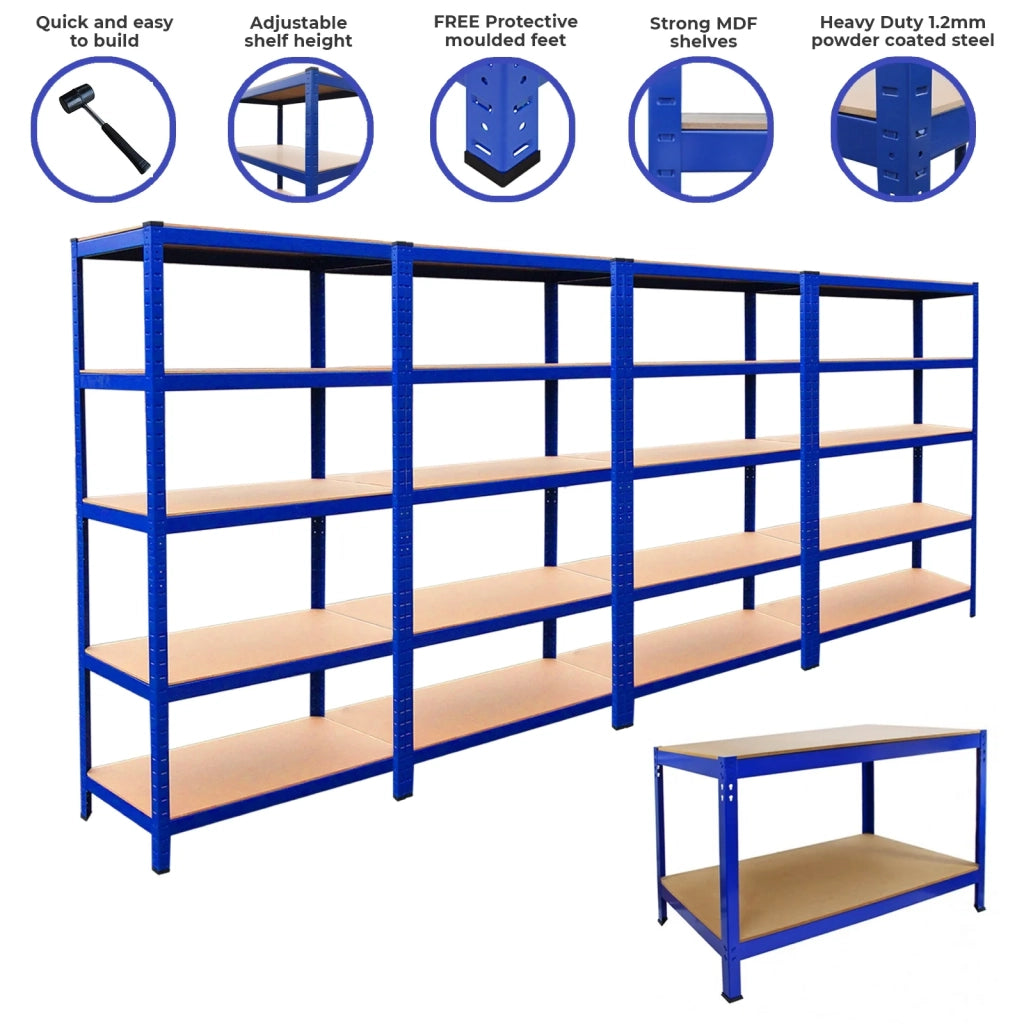 4 Scaffali T-Rax 90x45x180cm & Banco da Lavoro in Acciaio Senza Bulloni - Blu
