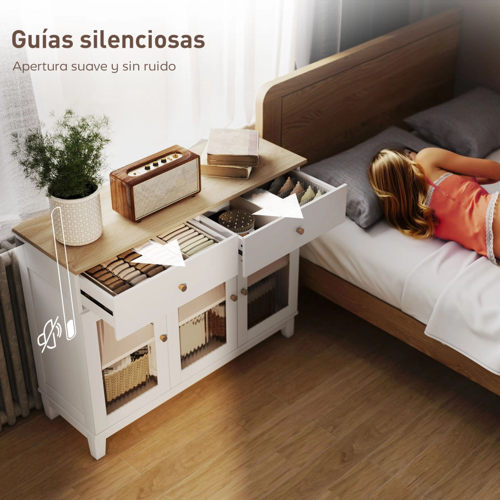 Credenza con 3 ante vetrate 2 cassetti e ripiani regolabili ¨C zephmum ¨C 100x35x80 cm bianco
