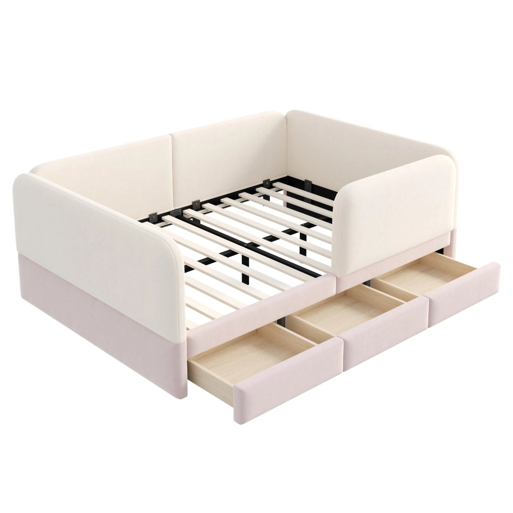 Letto per bambini imbottito 140 x 200 cm con sponde di sicurezza, angoli arrotondati e 3 cassetti contenitore, velluto beige/rosa