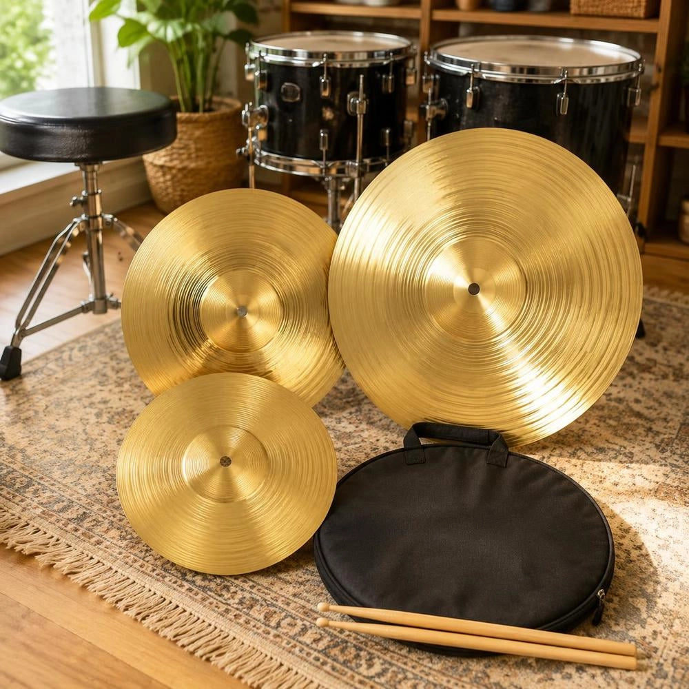 3 Piece Alloy Cymbal Set With 14 Inch Hi Hats 16 Inch Crash 20 Inch Ride Drumsticks And Bag Bright Copper Finish Jazz Drum Kit Accessories