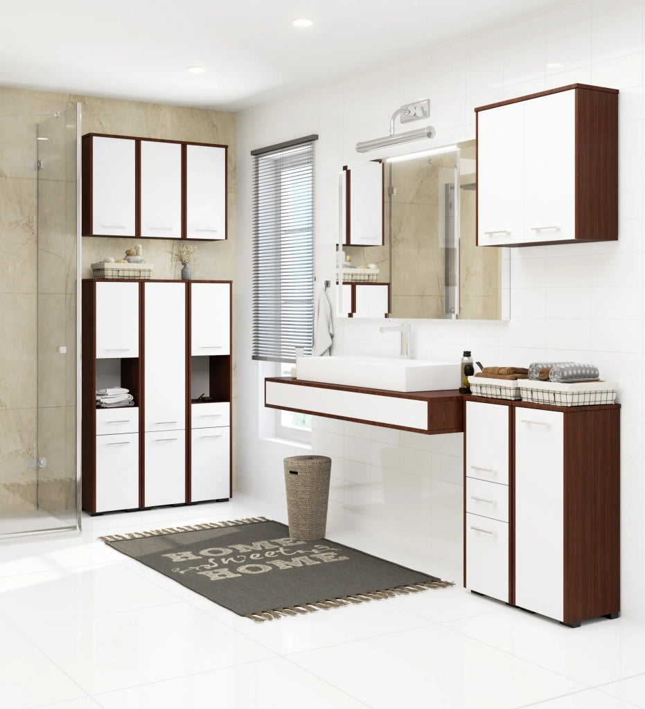 Colonna da bagno AKORD FIN Wengé 30 cm 2 ante 1 cassetto inserto frontale Bianco 30x30x140 cm