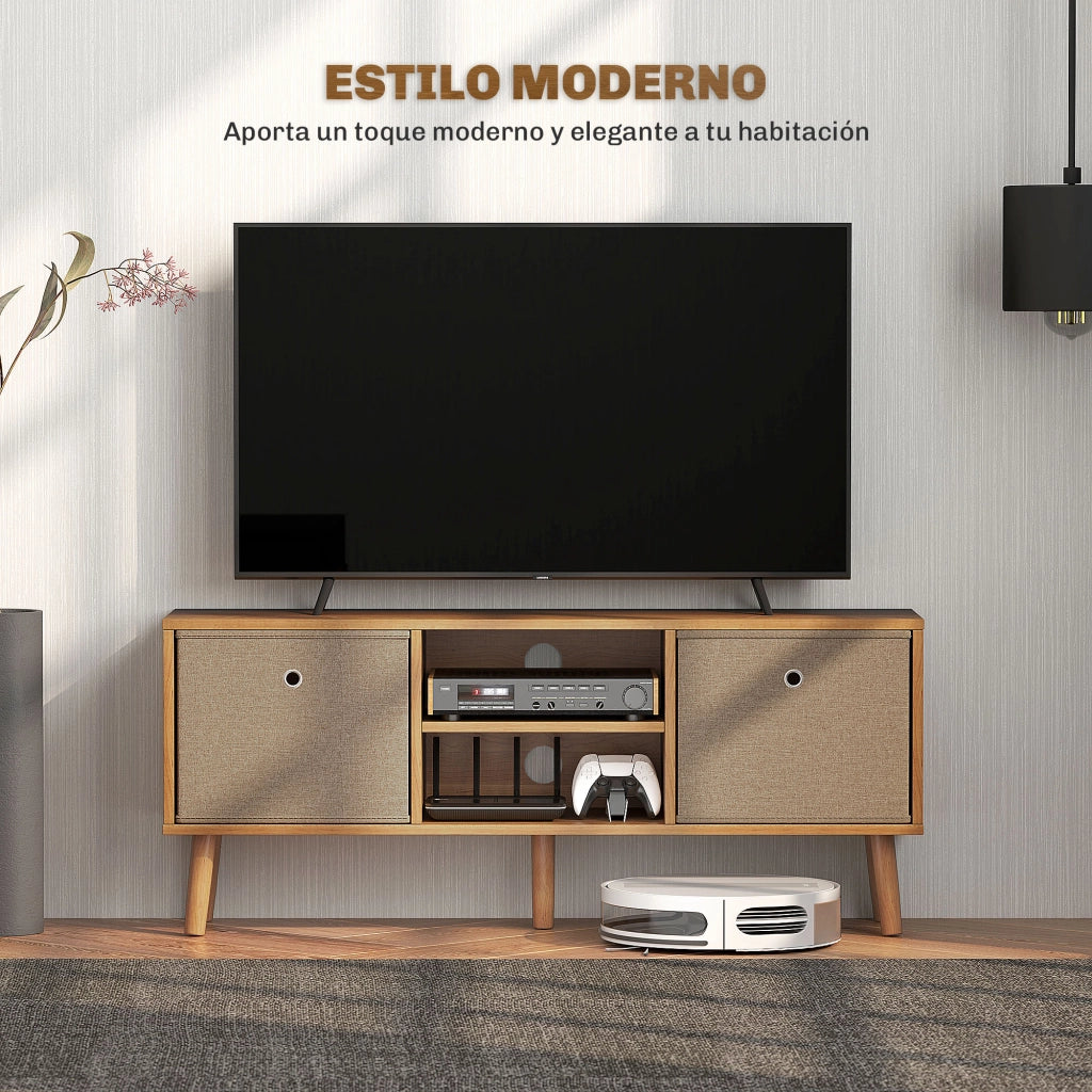 Mobile TV con 2 cassetti in tessuto e ripiani aperti ¨C zephmum ¨C legno e marrone 120x30x40