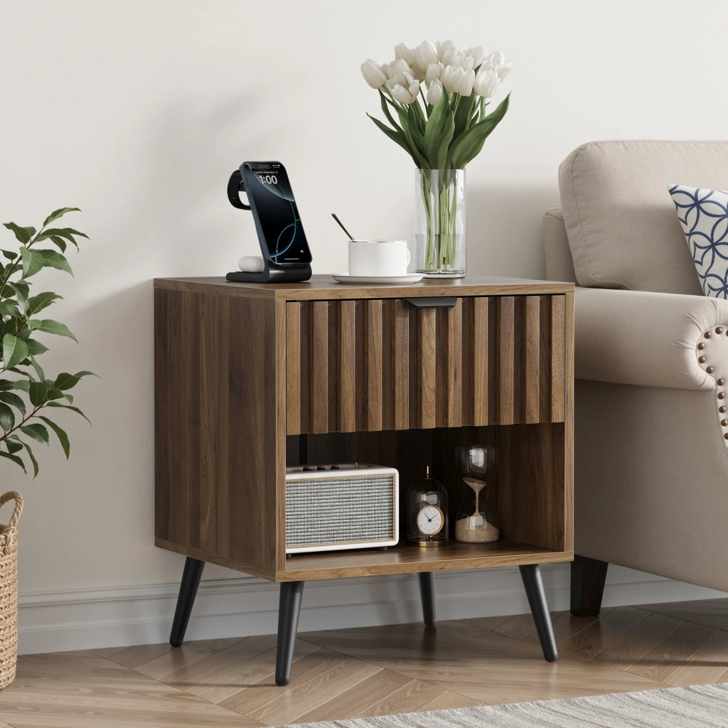 Comodino con 1 cassetto e 1 vano aperto, con gambe in metallo, per camera da letto, in MDF, noce, 45 × 40 × 53 cm