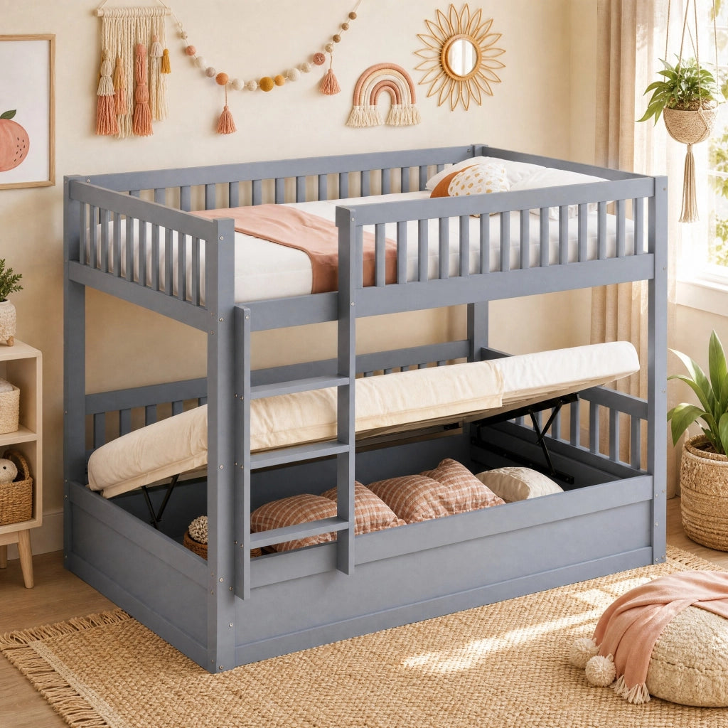 LETTO a castello con vano contenitore idraulico 90x200 cm in legno massello grigio