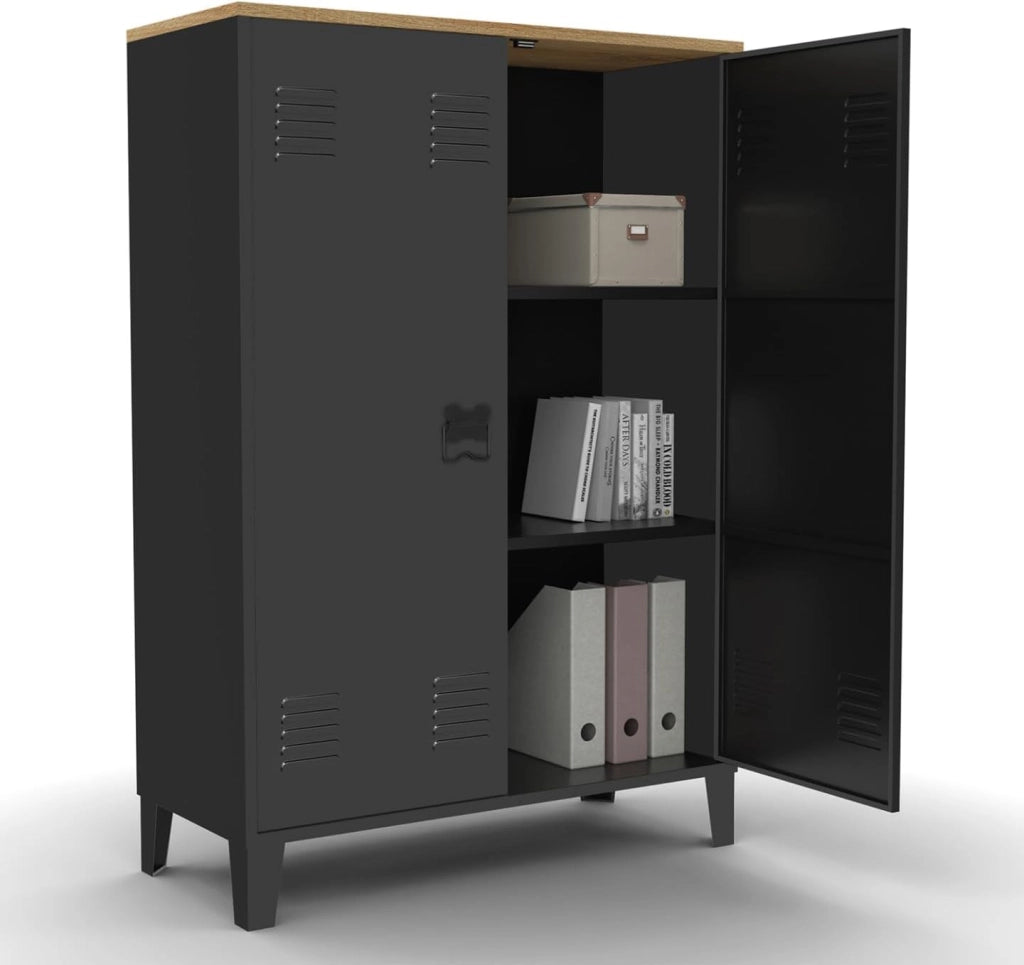 ESTER Armario de 2 puertas de metal negro con tapa de madera de diseño industrial