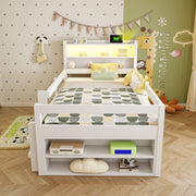 Letto a soppalco 90x200 cm con contenitore; LED e USB in legno bianco