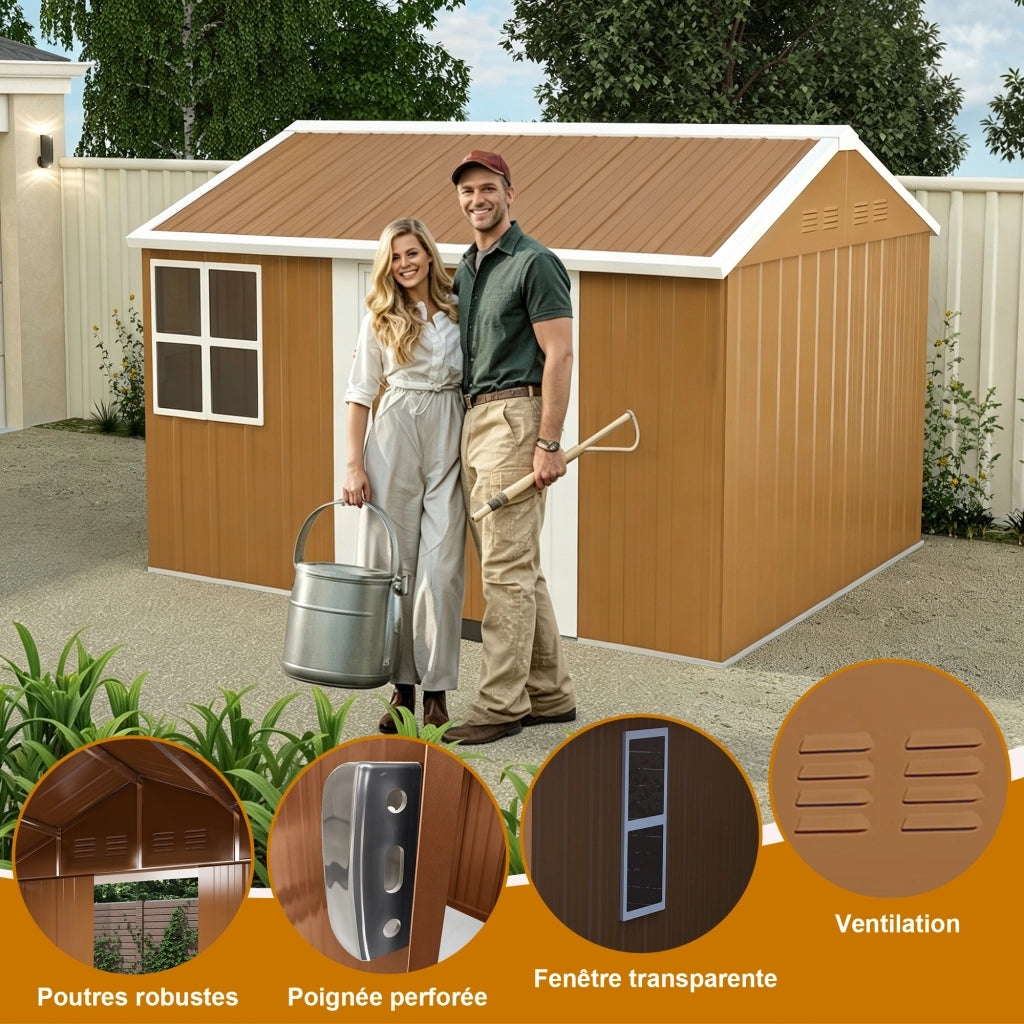 Armadio da giardino in acciaio con doppie porte scorrevoli, ventilazione e tetto a due falde marrone 296 × 233 × 194 cm