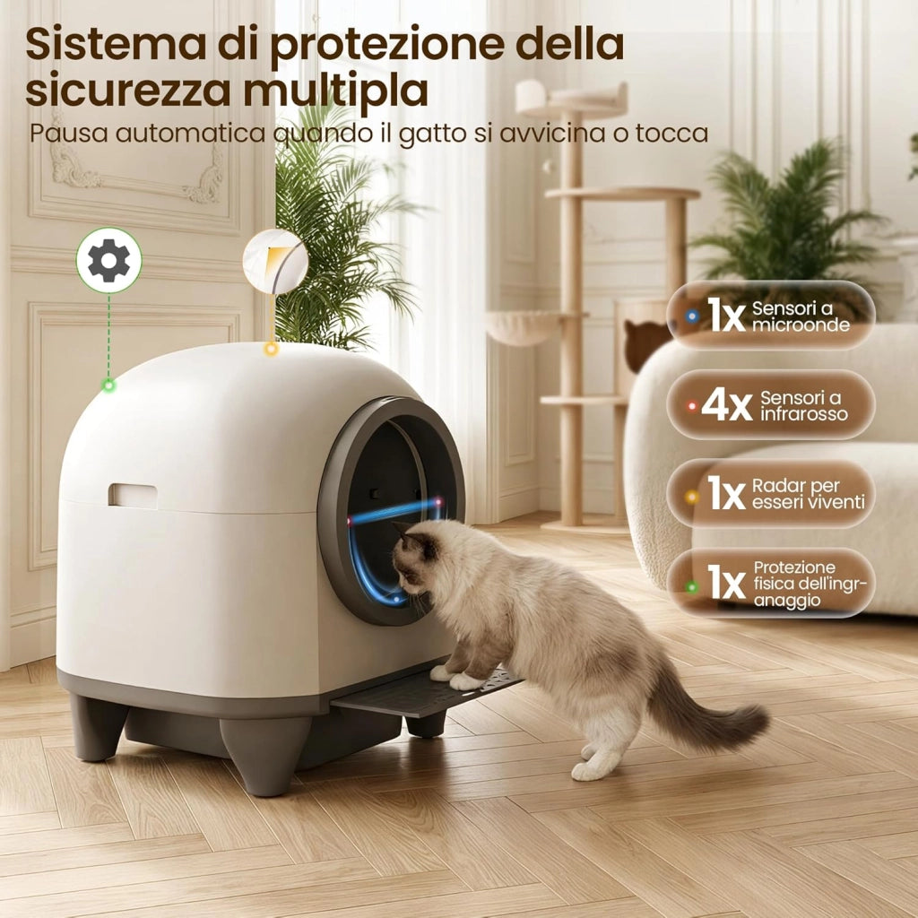 Lettiera Gatto Autopulente con APP, Lettiera Autopulente per Gatti da 90 L con Cassetto Feci da 8,5 L per Oltre una Settimana, Sistema Profumato e Sensore Radar, Adatta a Famiglie con Più Gatti.