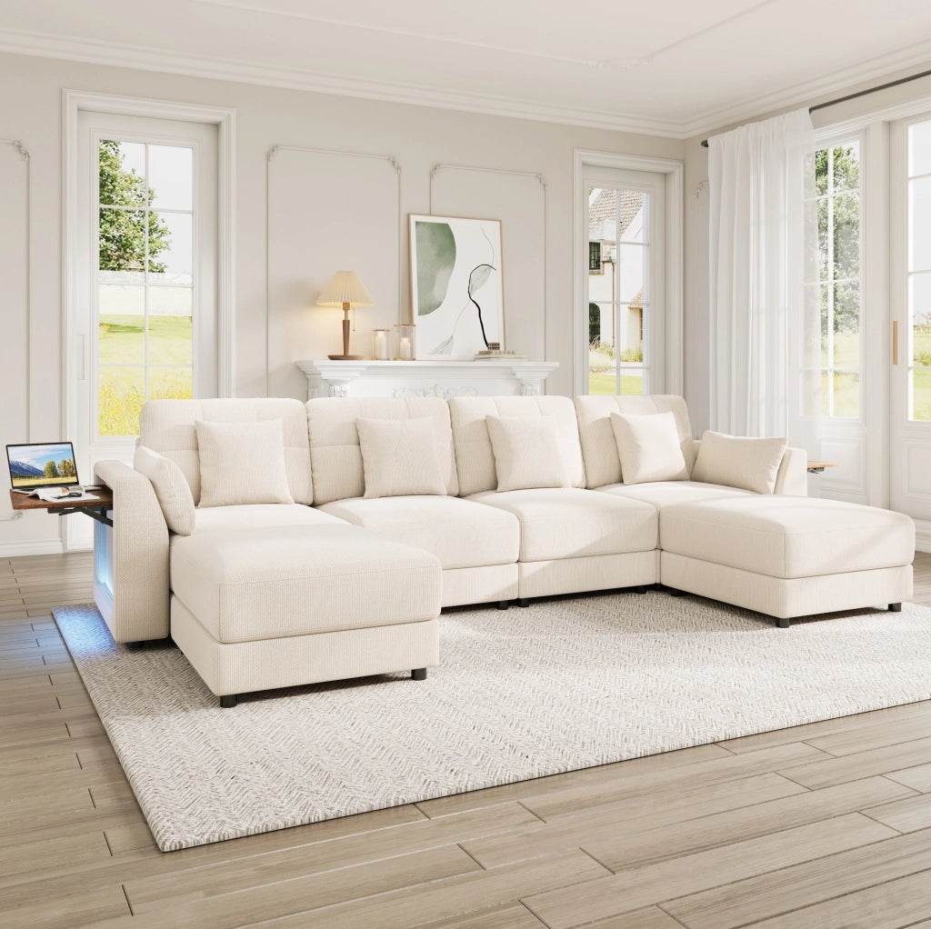 Divano modulare 6-7 posti con LED, 2 pouf e tavolini beige