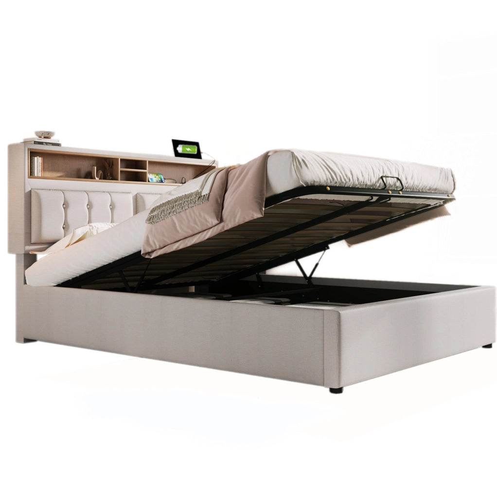 Letto matrimoniale imbottito 160x200 cm in lino beige con testiera regolabile; USB e Type-C; contenitore