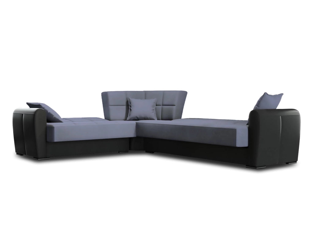 Divano letto Gaillardia, Divano letto contenitore ad angolo in ecopelle e tessuto, SofÒ  da soggiorno con apertura click-clack e penisola reversibile, 305x238h91 cm, Nero e Grigio Tortora\