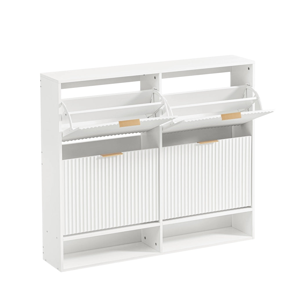Scarpiera con 2 ante a ribalta; ripiani regolabili e piano d'appoggio per ingresso; 120×24×102 cm; in MDF; bianco