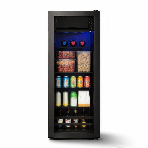 Mini frigorifero; congelatore; volume totale 128L; freezer 8L; frigorifero da 120L; basso rumore; sistema di raffreddamento del compressore; efficiente energeticamente; scaffali regolabili; nero