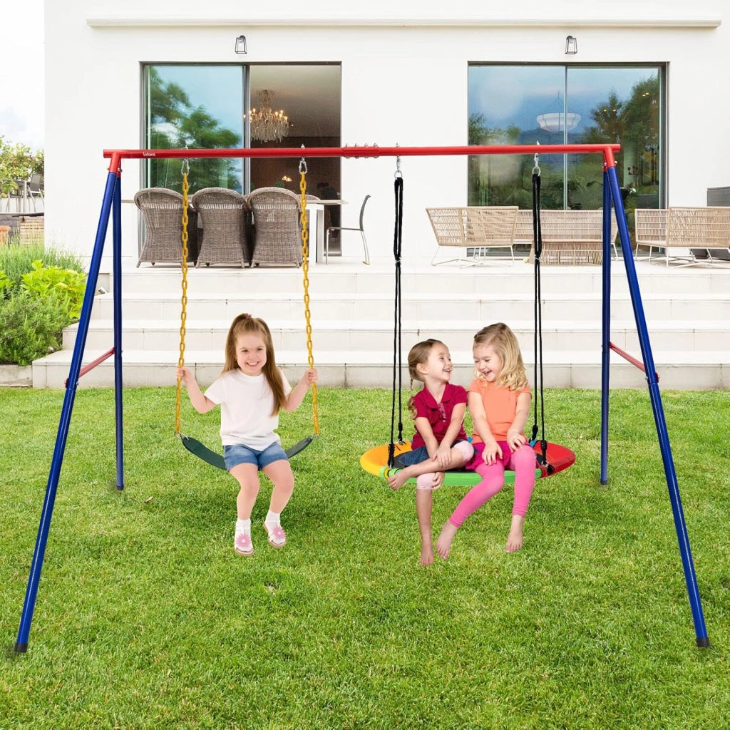 Doppio telaio per altalena in metallo, telaio per altalena a nido e altalena per bambini, struttura per altalena fino a 250 kg, telaio per altalena a nido per giardino e cortile, Rosso+ Blu