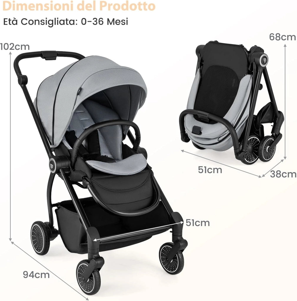 Passeggino per Bambini Reversibile, Passeggino Pieghevole per Neonati con Schienale Reclinabile, Cappotta Regolabile, Cestello Portaoggetti, per Neonati 0-36 Mesi, Portata 15 kg (Grigio)