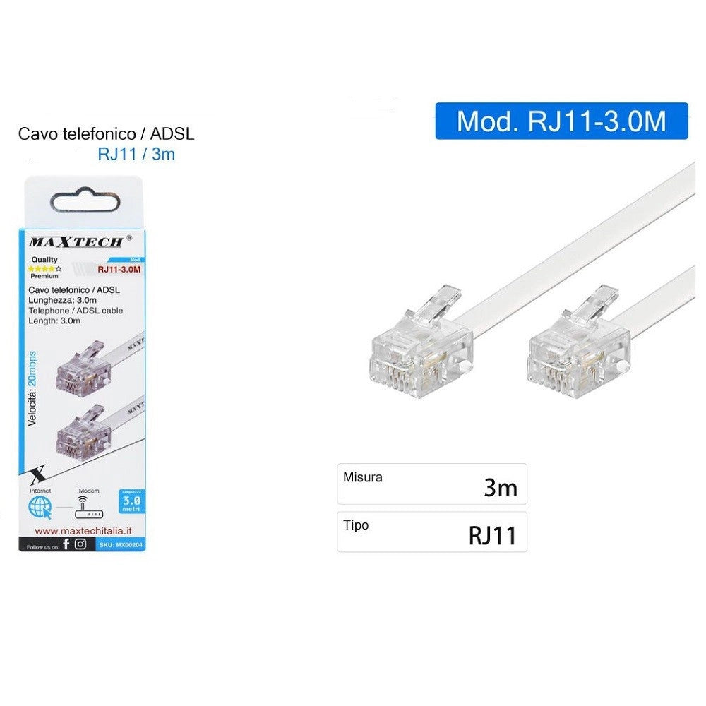 Trade Shop - Cavo Telefonico Rj11 3mt Collegamento Telefonico Prolunga Modem Maxtech Rj11-3.0m -