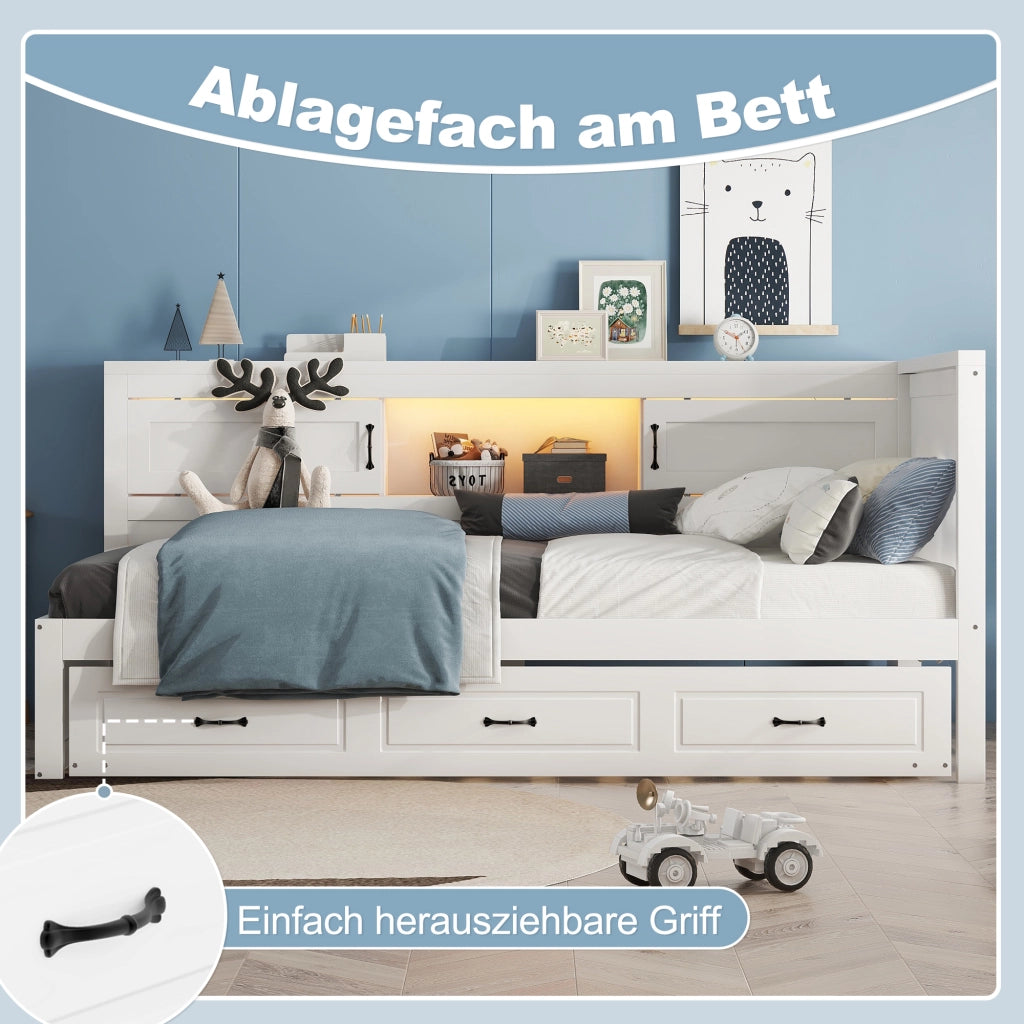 DESMIU Letto divano estraibile 90 × 200 cm 1 posto con LED, presa e USB, senza materasso, bianco