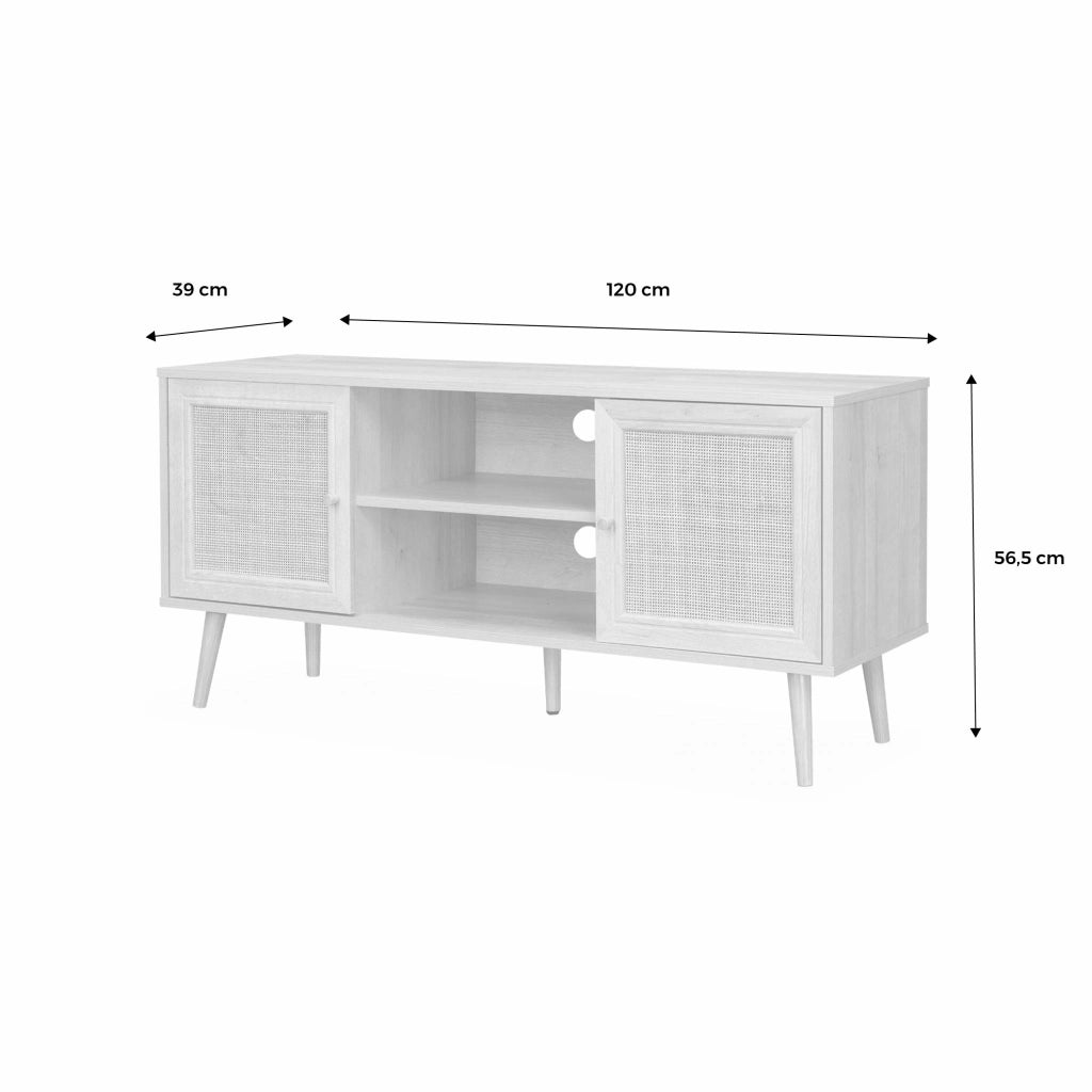 Mobile tv in cannage 2 livelli, 120cm, marrone naturale