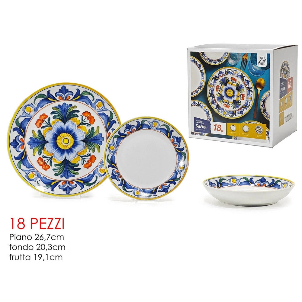 Trade Shop - Set Servizio Di Piatti In Porcellana 18 Pz Decorazione A Fiore Classica Maiolica Da Tavola -