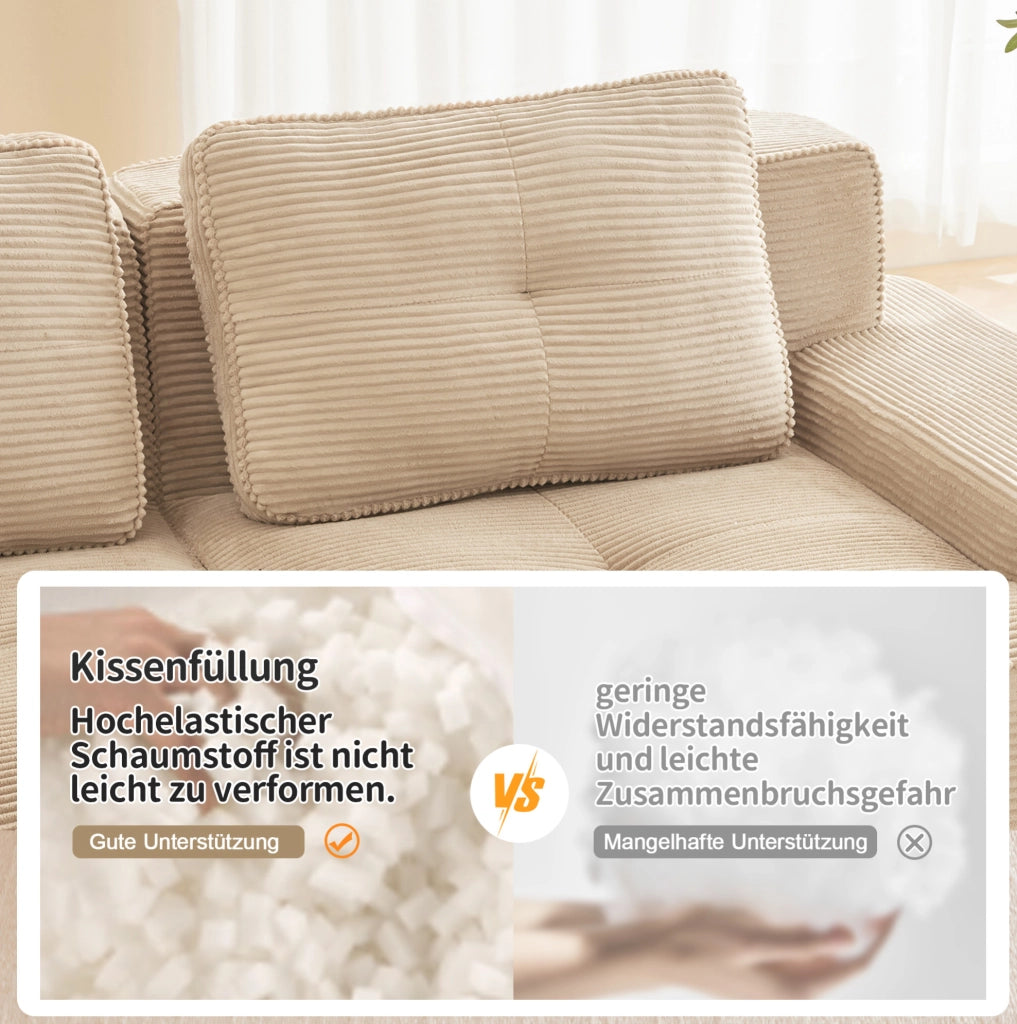 Divano modulare cloud in corduroy con pouf; 293x177x69 cm; beige