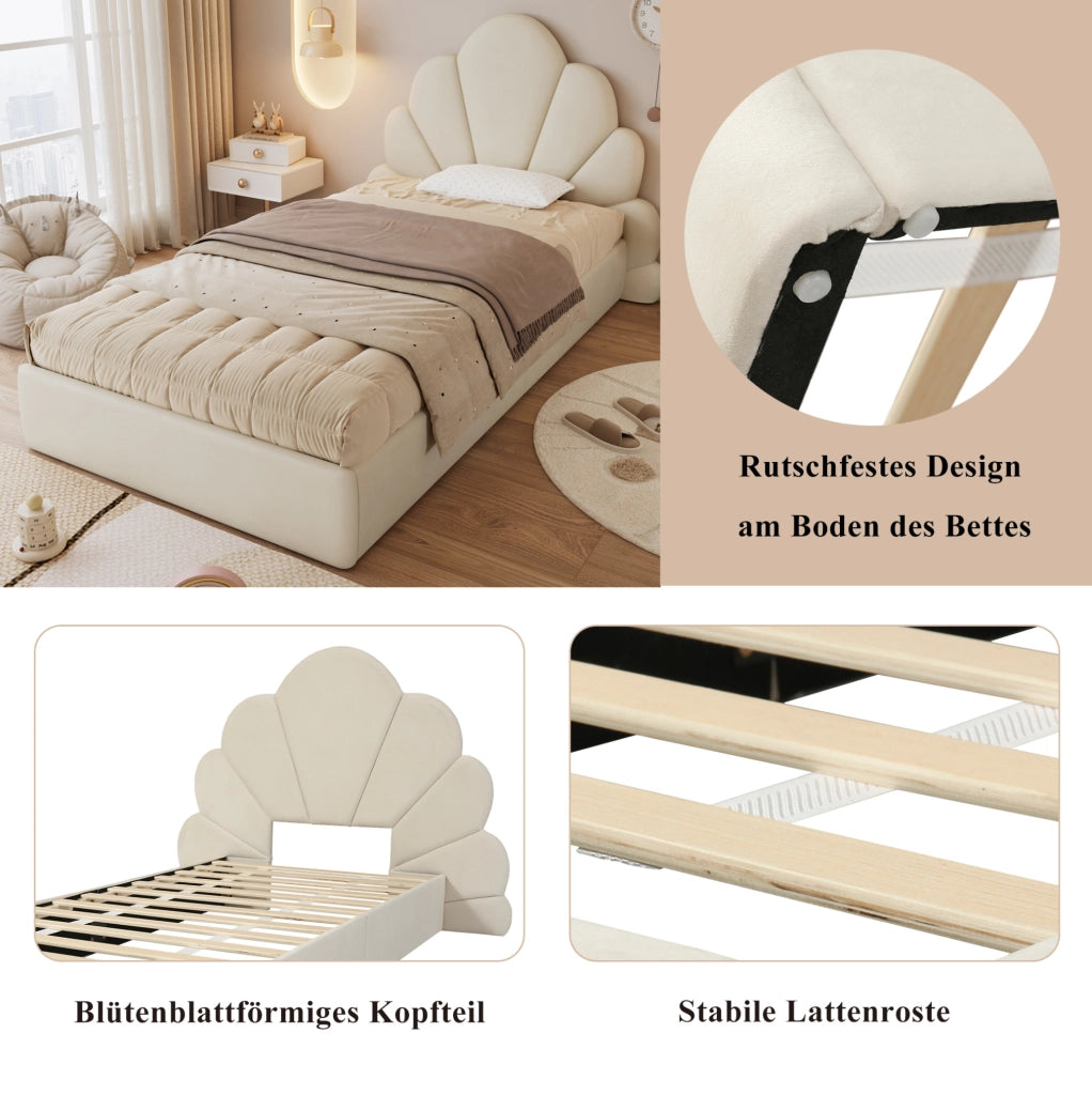 Letto singolo imbottito beige 90x200 cm con testiera floreale
