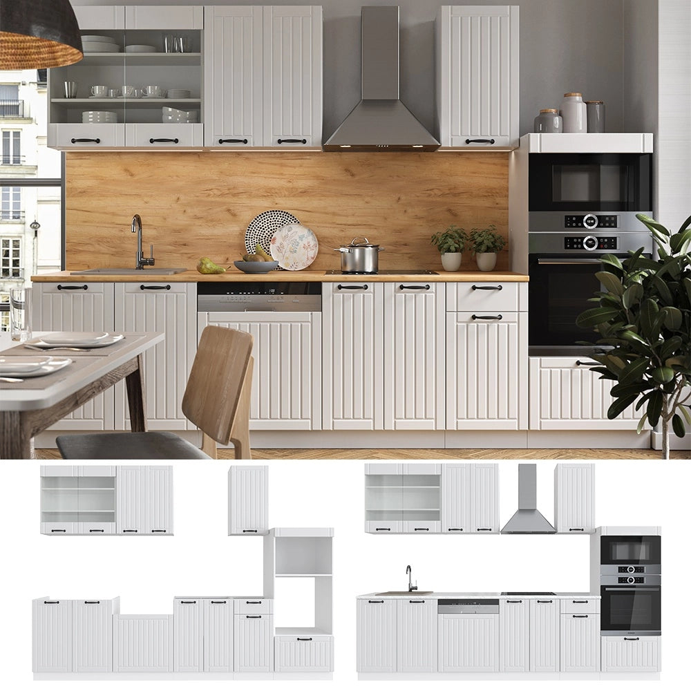Cucina componibile Fame-Line Bianco rustico/Bianco 300 cm con armadio alto, PL Marmo Vicco