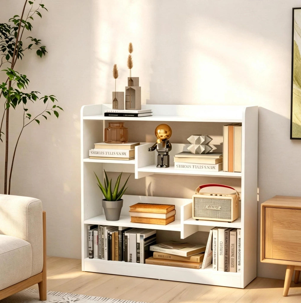 Libreria bianca a 4 livelli con ripiani regolabili, 90 x 24 x 91 cm