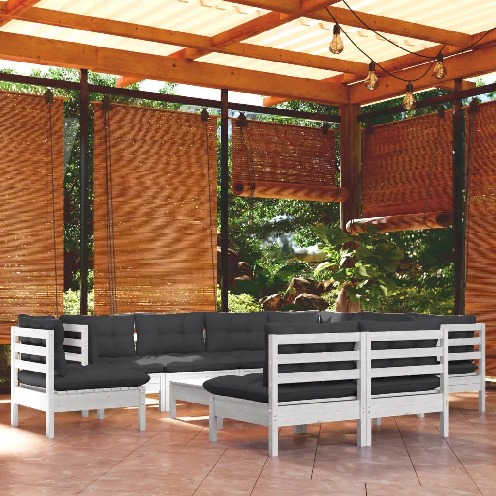 Set Divani da Giardino 10 pz con Cuscini Bianchi Legno di Pino 3096750
