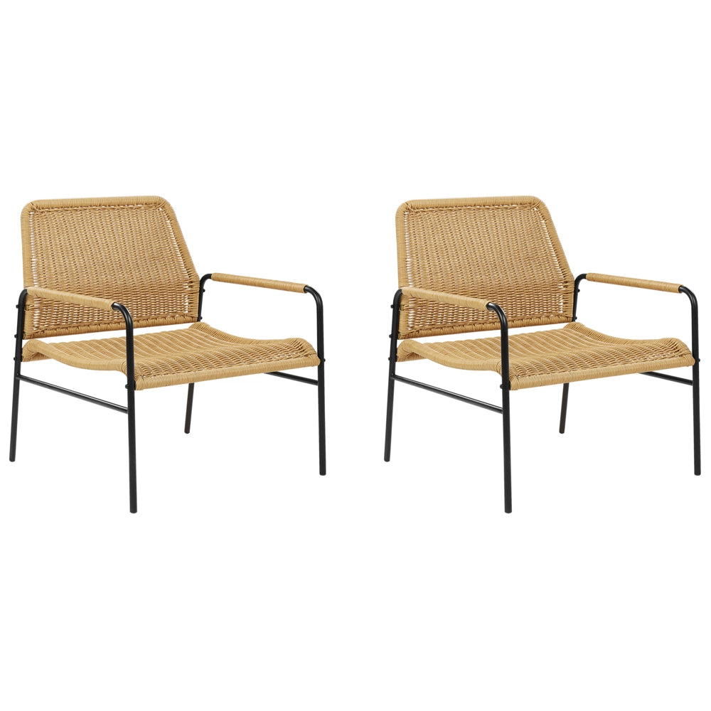 Set di 2 sedie da giardino naturale con telaio nero in rattan con struttura in metallo dal design moderno.