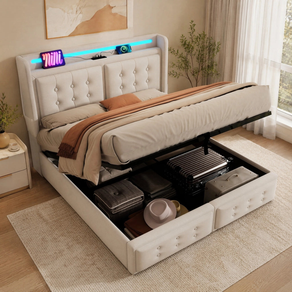 LETTO Contenitore 160x200 cm Beige in Cotone e Metallo con LED e prese USB