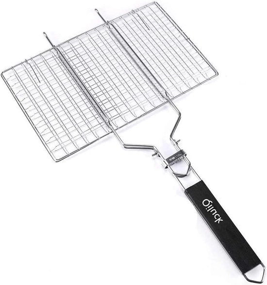 Griglia portatile pieghevole 430 acciaio inossidabile per pesce verdura manzo gamberi - maniglia in legno rimovibile - borsa da trasporto - 32 x 22 cm Cestino a carbone