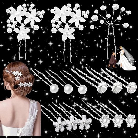 15 pezzi di spille per capelli a forma di perla per la sposa con fiori - set di spille per capelli per le spose e le damigelle (6 stili) - accessori per capelli eleganti con perle e strass