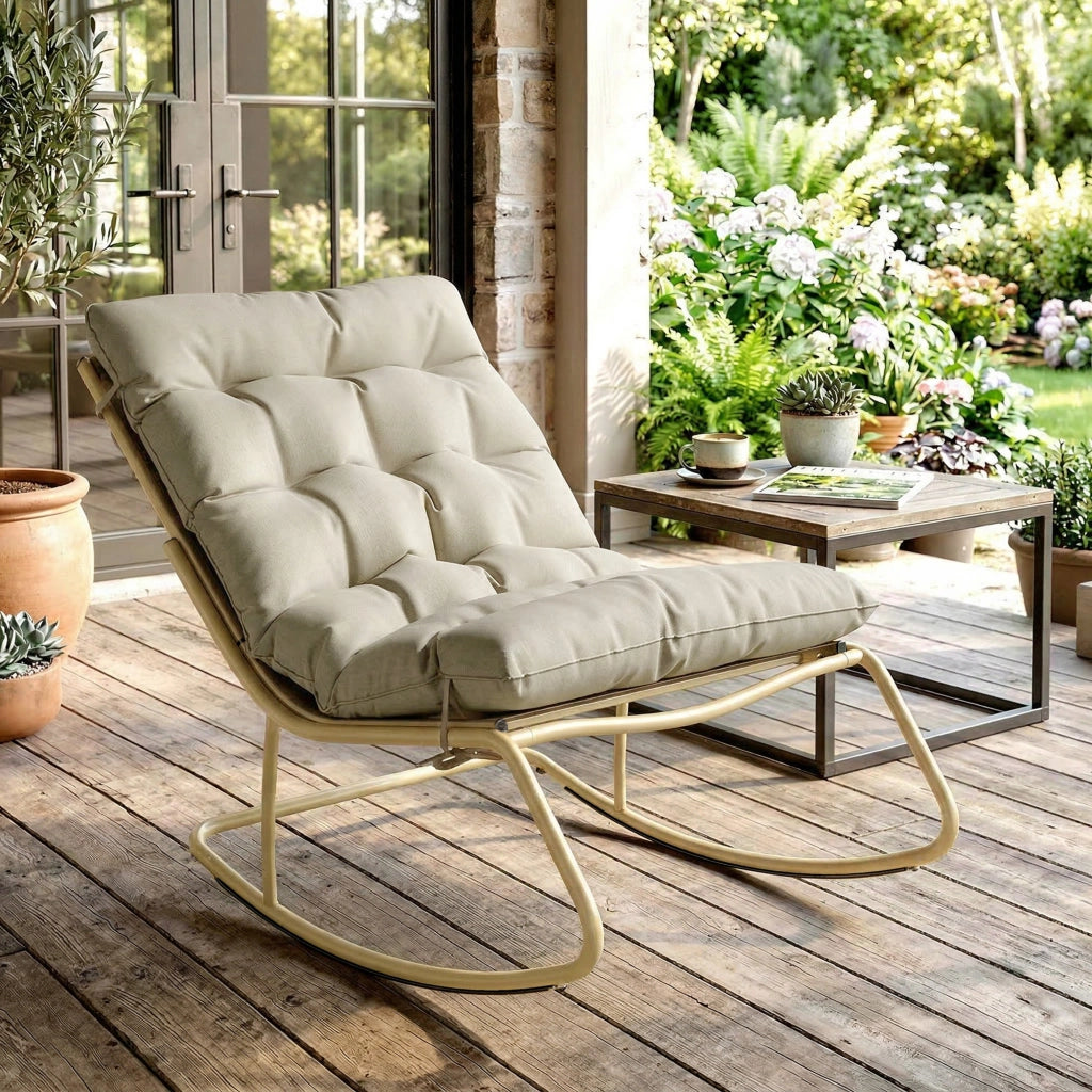 Poltrona dondolo da giardino ¨C zephmum ¨C in textilene beige e acciaio dorato 125x64 cm