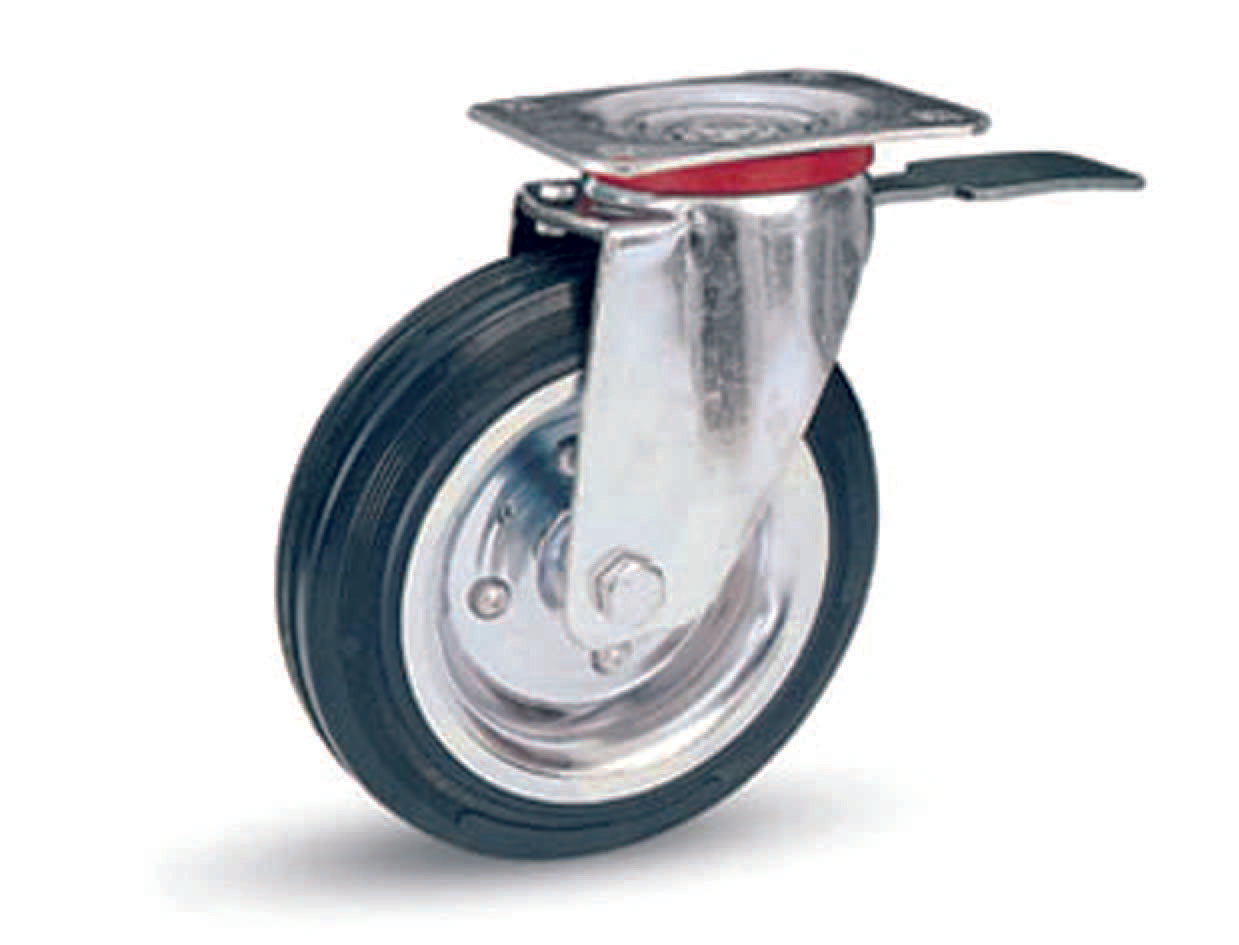 RUOTE INDUSTRIALI IN GOMMA CON PIASTRA GIREVOLE E FRENO 80BIS  ø mm.140x37 piastra mm.115x85  176h. p. Kg.115    AVO