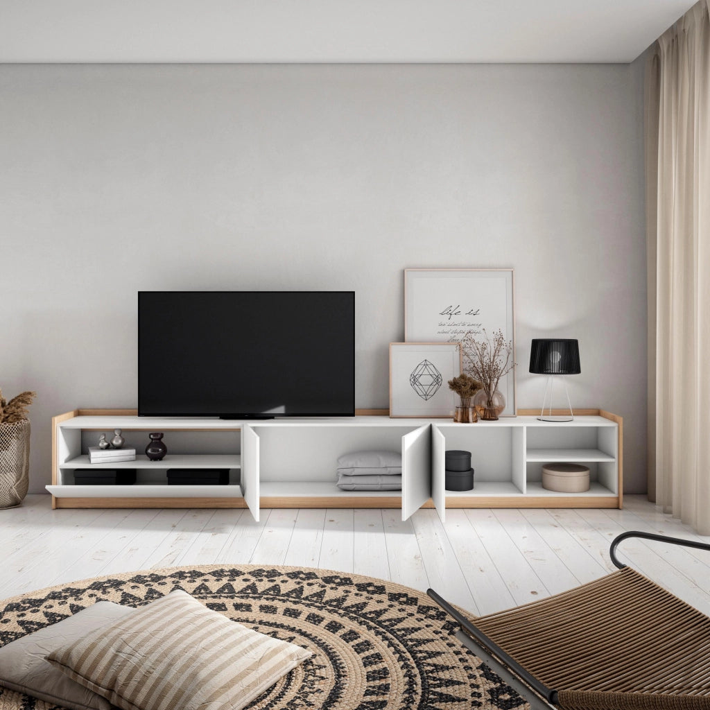 Mobile TV Soggiorno, 310x50x37 cm, Per TV fino a 80", Mobile Soggiorno, Bianco e Rovere soft