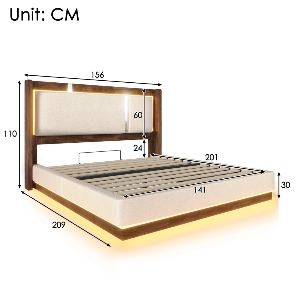 Letto matrimoniale 209x156x110 cm con LED; contenitore idraulico; in lino e legno beige