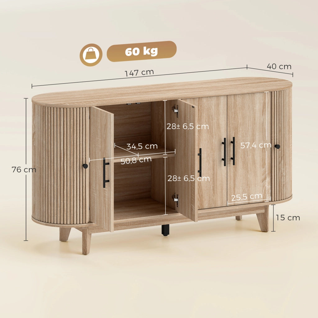 Credenza ovale con 4 ante e 2 ripiani regolabili ¨C Xylo ¨C 147x40x76 cm, quercia