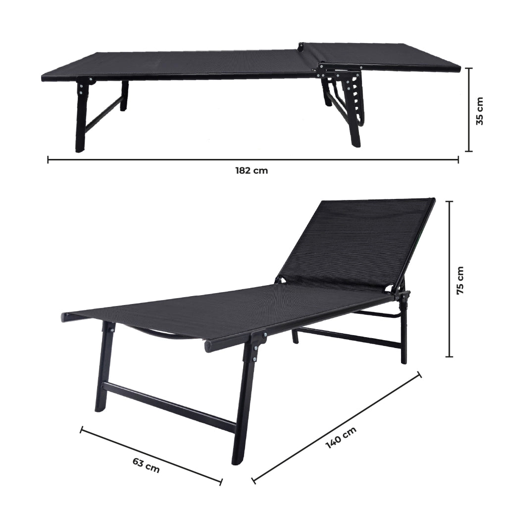 Lettino Prendisole Pieghevole Professionale in Acciaio e Textilene 182x63 cm – Schienale Regolabile 5 Posizioni, Struttura Robusta, Ideale per Giardino, Piscina e Relax Nero