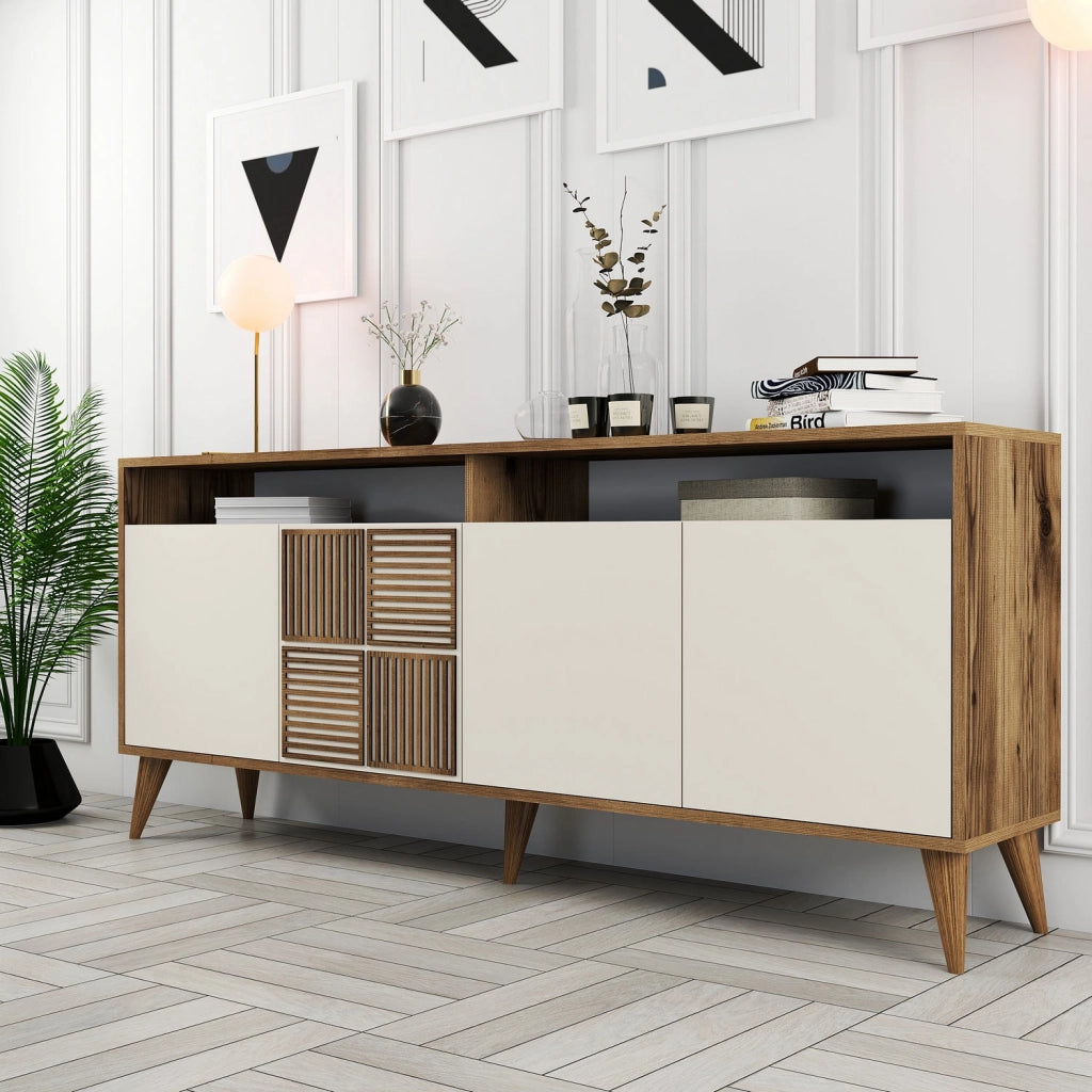 Credenza in legno "Milano" - 180 x 35 x 78 cm - Noce, Crema