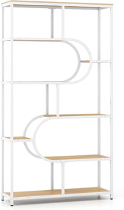 Libreria Geometrica a 8 livelli, scaffale portaoggetti con ripiani aperti in legno, struttura in metallo, kit antiribaltamento, 95 x 30 x 175 cm, per soggiorno, camera da letto, ufficio