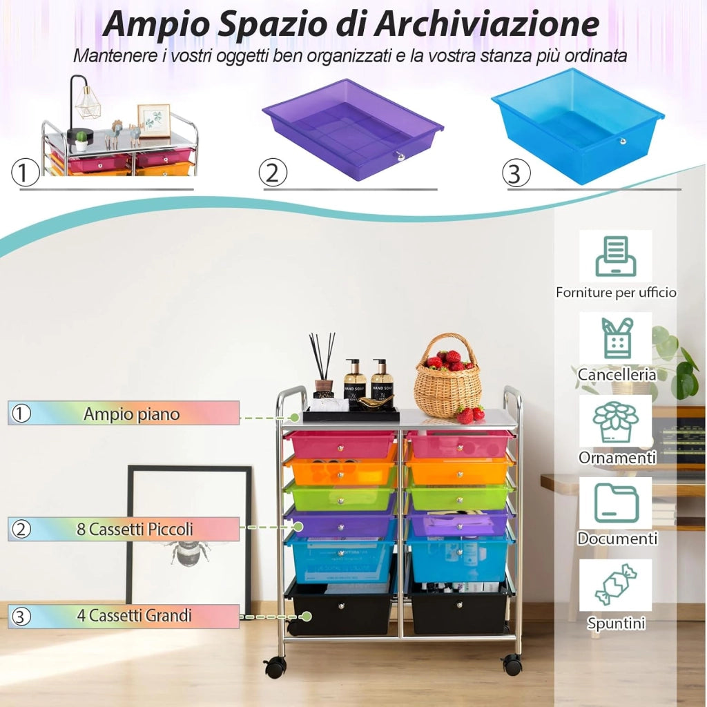 Carrello con 12 Cassetti con Ruote, Carrello di Stoccaggio Multiuso con Ampio Spazio di Archiviazione, Ideale per Casa Ufficio Domestico, 73,5 x 37 x 63 cm (Colorato trasparente)