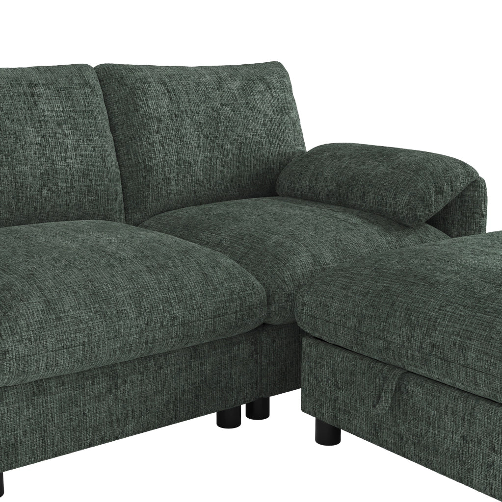 Divano modulare in chenille con 2 pouf contenitore; USB e Type-C; supporto telefono; 273;5x133x81 cm verde