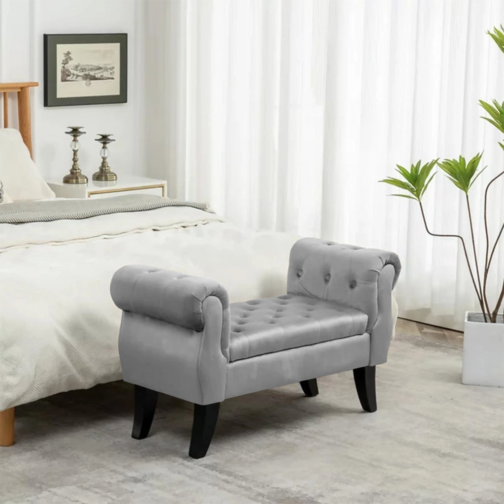 Divanetto In Velluto Panca Contenitore Pouf PortaOggetti Panca Sgabello A Pie Di Letto Cassapanca Ingresso Legno Massello Panchina - GrigioChiaro