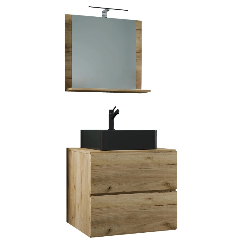 Luce di Ezooza Mobile Sospeso con 2 cassetti Large con lavabo in ceramica di alta qualità e specchio, Rovere miele , lavabo Nero