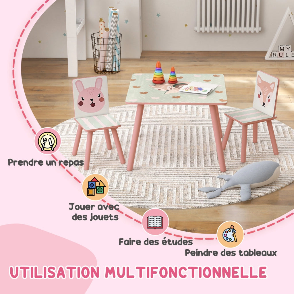 Tavolo e Sedie per Bambini ¨C Zephmum ¨C Rosa, Legno, Motivo Animali