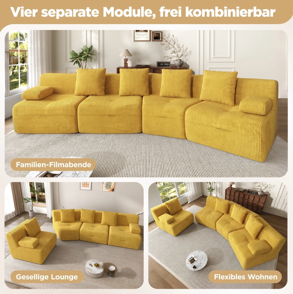 Divano modulare 4 posti in tessuto corduroy giallo brillante; 311 x 90 x 65 cm