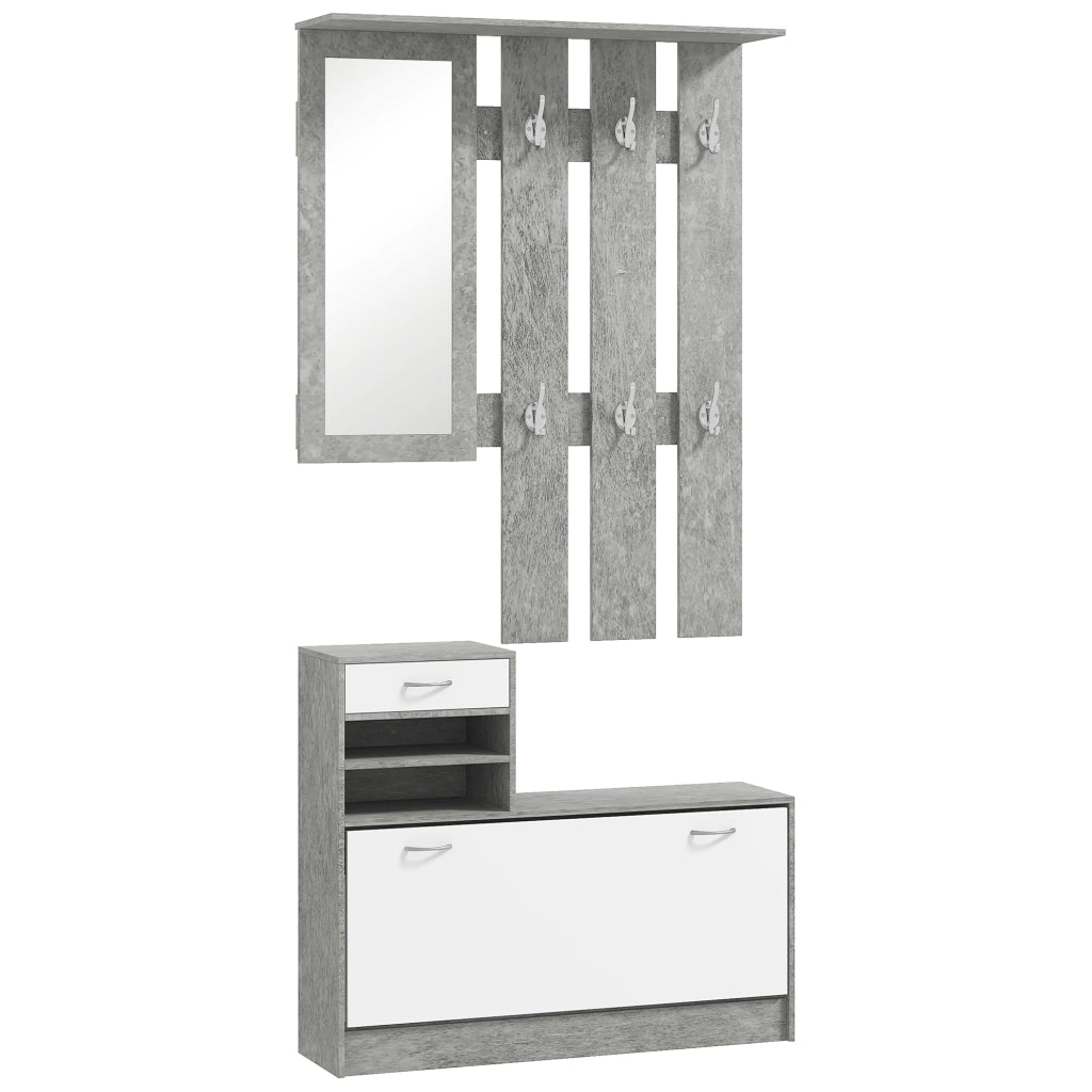 Set Mobile da Ingresso con Appendiabiti a 6 Ganci, Mobile Scarpiera con Cassetto e Specchio, Grigio